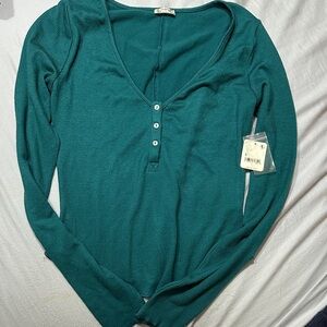 FP Movement by Free People Teal Buttoned Long Sleeve Sleepwear Top